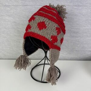 Seasons of Cannon Falls Wool Earflap Hat Red Brown Tassel Pom Pom‎ Winter